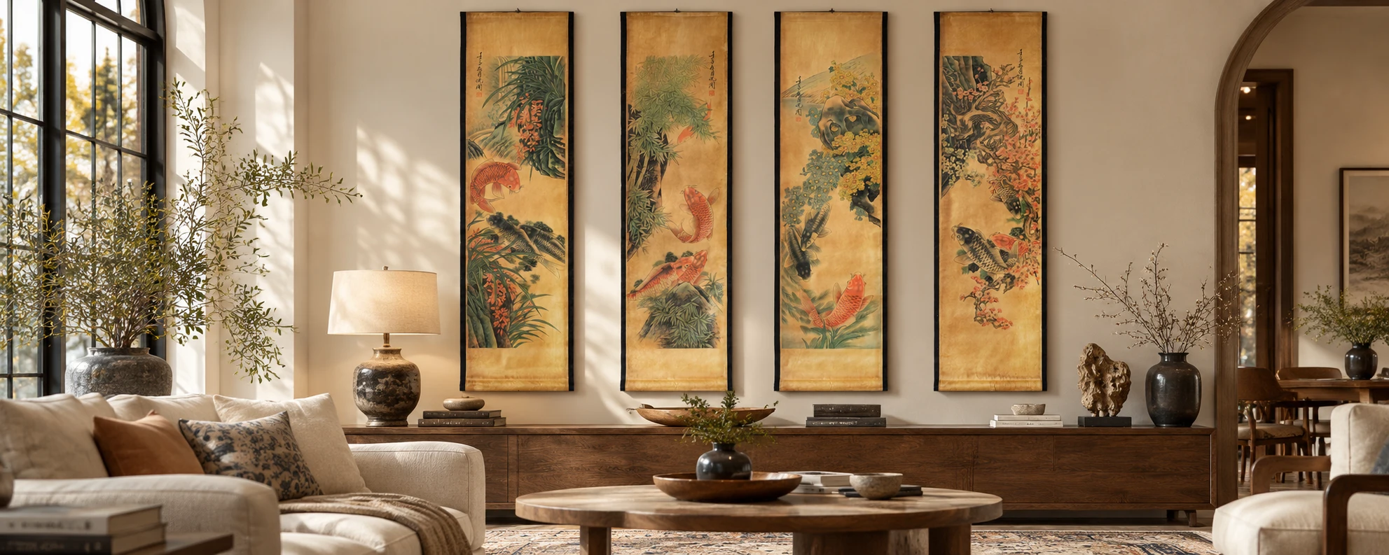 Warm-toned botanical scrolls and wooden interior details