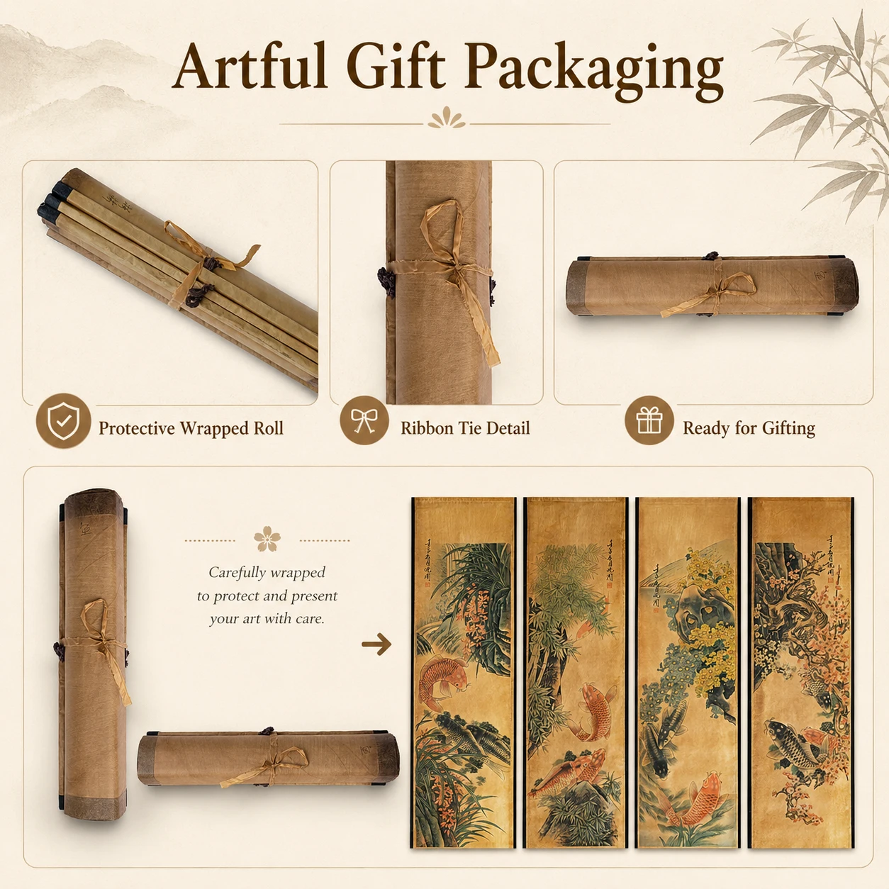 Supplied packaging illustration showing rolled scrolls and paper packaging